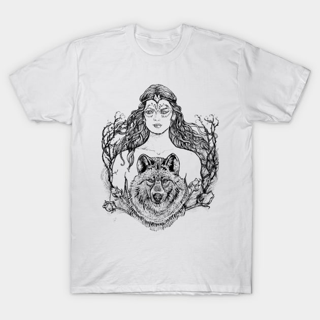 Woman with Wolf - Black and White Drawing T-Shirt by FanitsaArt